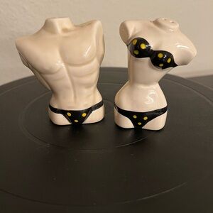 Vintage Sarsaparilla salt & pepper shakers torsos in polka dot bathing suits